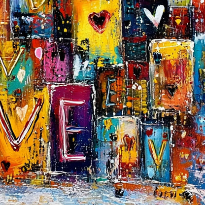 URBAN LOVE: Colorful Abstract Textured "Love" Word Art Painting | rectangular format, hand-painted canvas edge