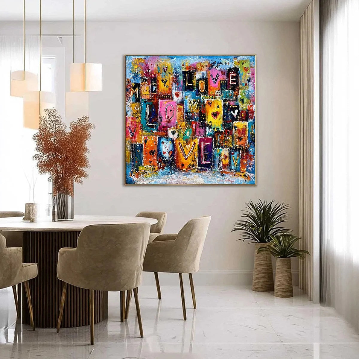 URBAN LOVE: Colorful Abstract Textured "Love" Word Art Painting | gold frame stretched on neutral wall