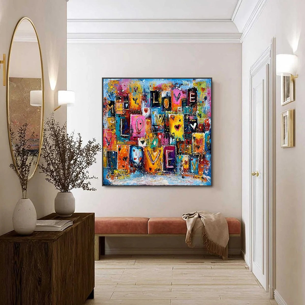 URBAN LOVE: Colorful Abstract Textured "Love" Word Art Painting | black frame version on white wall