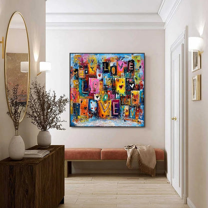 URBAN LOVE: Colorful Abstract Textured "Love" Word Art Painting | black frame version on white wall