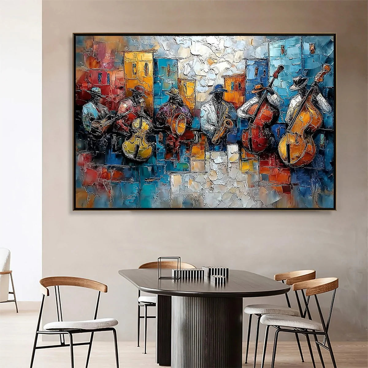 URBAN MELODY: Textured Impasto Painting of a Jazz Band Street Performance | Figurative closeup, raised brushwork detail