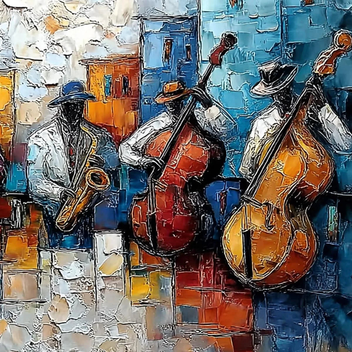 URBAN MELODY: Textured Impasto Painting of a Jazz Band Street Performance | rectangular format, hand-painted canvas edge
