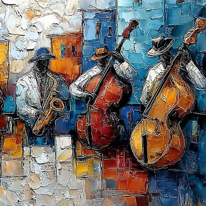 URBAN MELODY: Textured Impasto Painting of a Jazz Band Street Performance | rectangular format, hand-painted canvas edge
