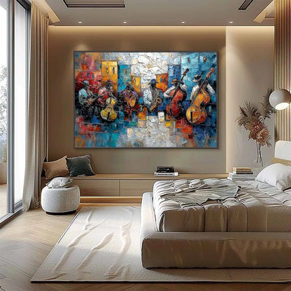 URBAN MELODY: Textured Impasto Painting of a Jazz Band Street Performance | gold frame stretched on neutral wall