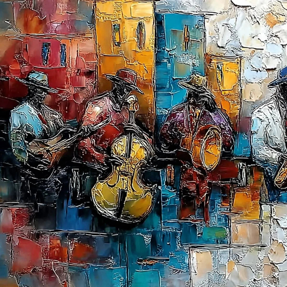 URBAN MELODY: Textured Impasto Painting of a Jazz Band Street Performance | rolled canvas, ready for custom framing