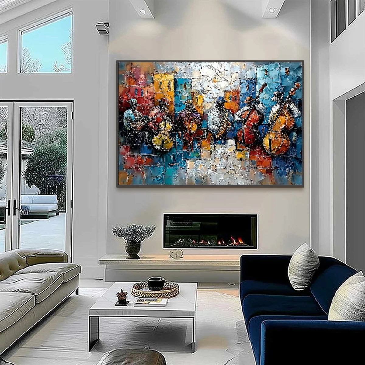 URBAN MELODY: Textured Impasto Painting of a Jazz Band Street Performance | black frame version on white wall