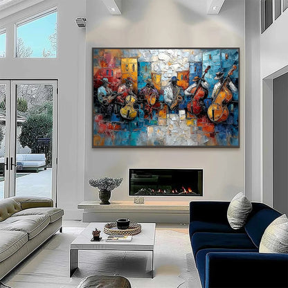 URBAN MELODY: Textured Impasto Painting of a Jazz Band Street Performance | black frame version on white wall