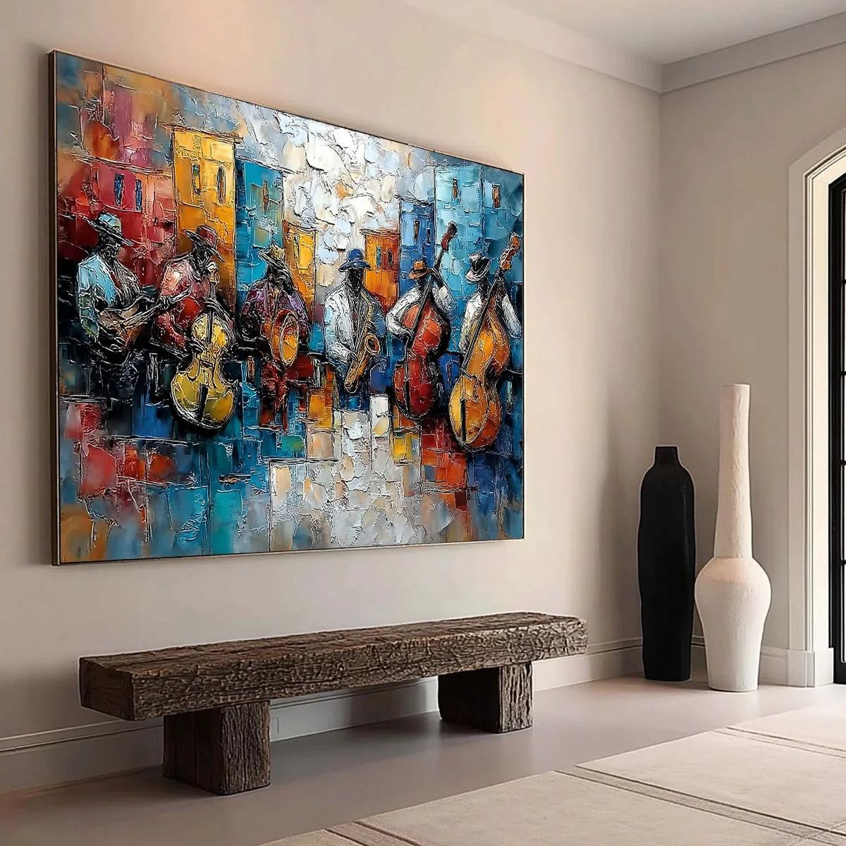 URBAN MELODY: Textured Impasto Painting of a Jazz Band Street Performance | Figurative mood, soft natural light studio shot