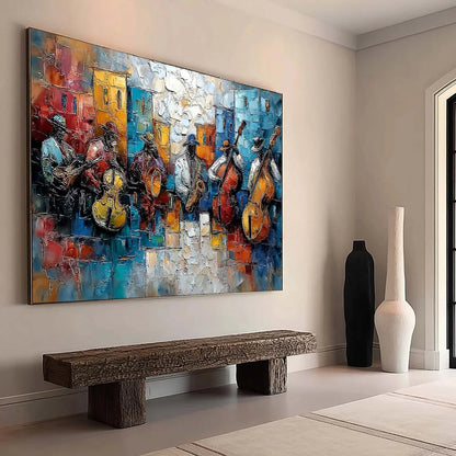 URBAN MELODY: Textured Impasto Painting of a Jazz Band Street Performance | Figurative mood, soft natural light studio shot