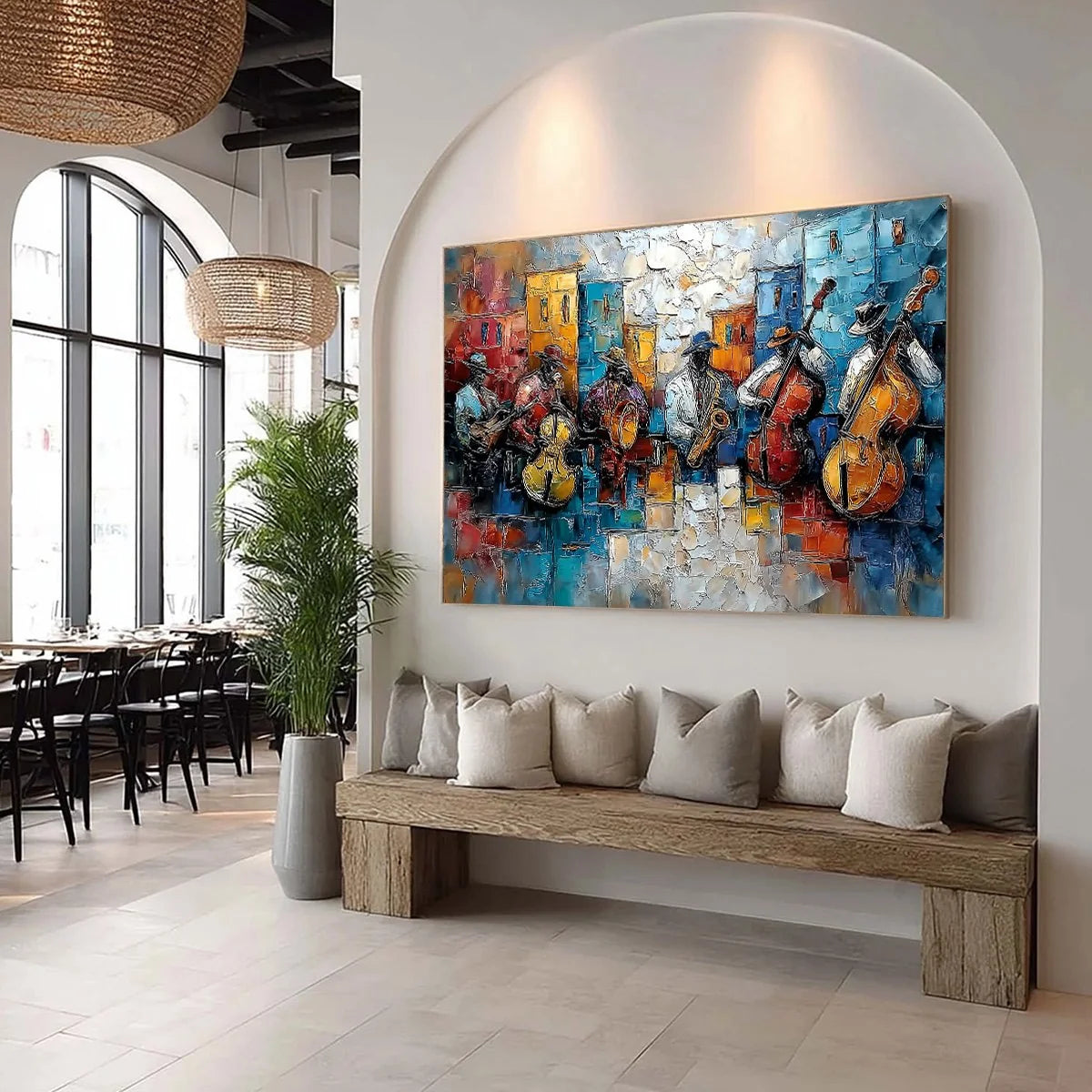 URBAN MELODY: Textured Impasto Painting of a Jazz Band Street Performance | yellow palette, original oil on stretched canvas art