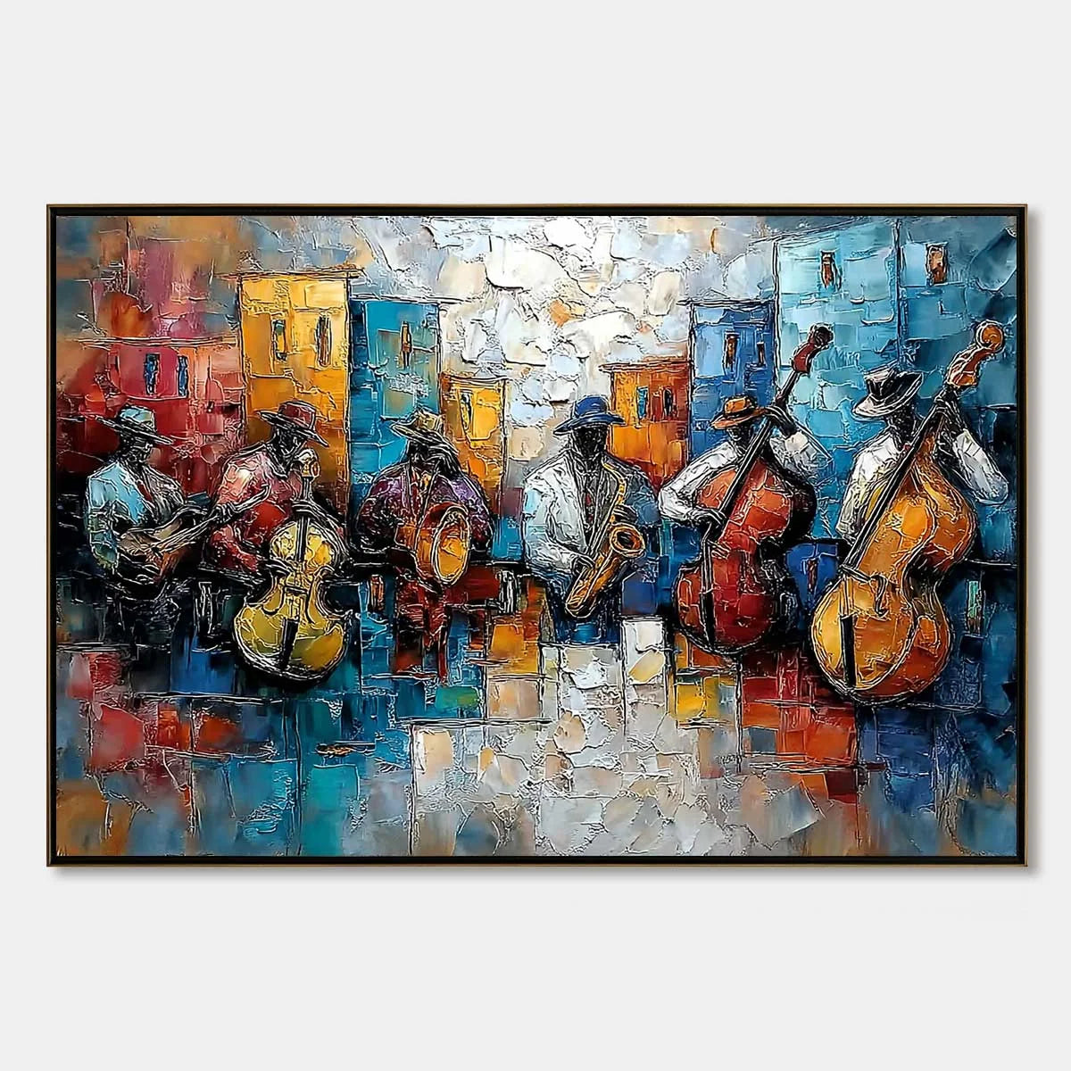 URBAN MELODY: Textured Impasto Painting of a Jazz Band Street Performance | hanging in living room, Figurative wall art