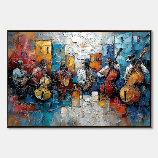 URBAN MELODY: Textured Impasto Painting of a Jazz Band Street Performance | hanging in living room, Figurative wall art
