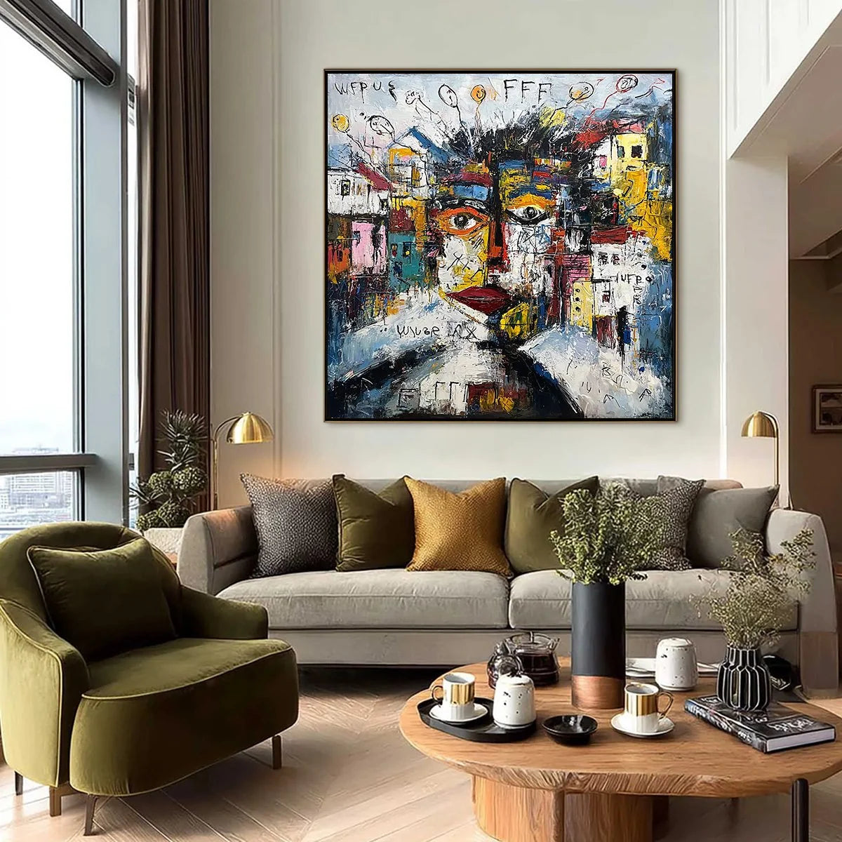 URBAN MINDSCAPE: Expressive Abstract Portrait Painting with Heavy Texture | gold frame stretched on neutral wall