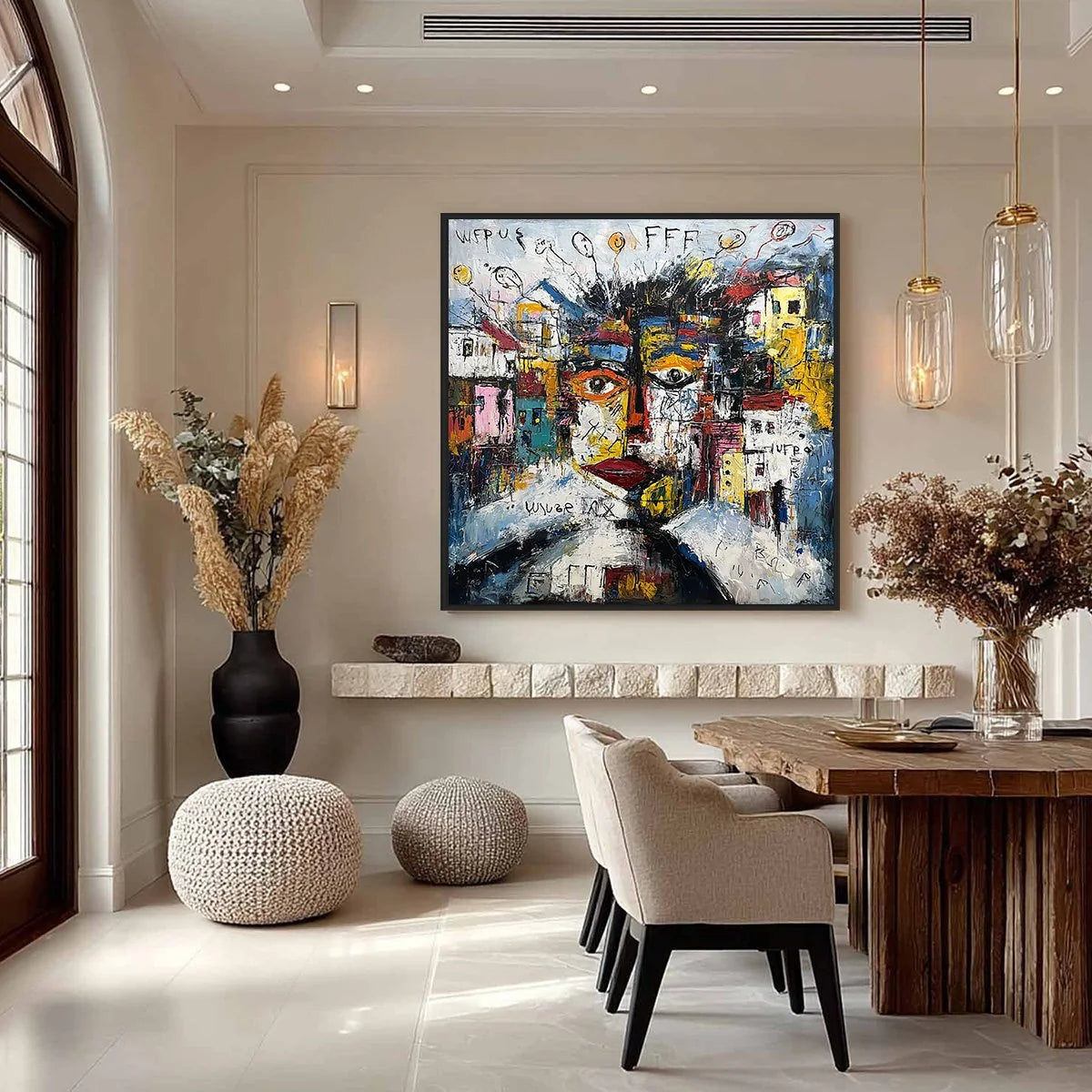 URBAN MINDSCAPE: Expressive Abstract Portrait Painting with Heavy Texture | black frame version on white wall