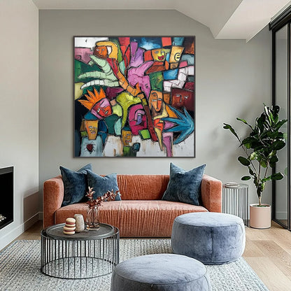 URBAN MOSAIC: Colorful Abstract Figurative Crowd Painting | Figurative closeup, raised brushwork detail