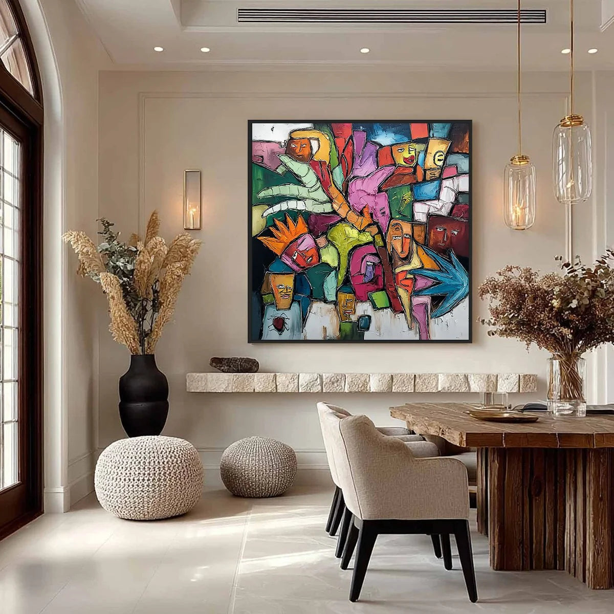 URBAN MOSAIC: Colorful Abstract Figurative Crowd Painting | gold frame stretched on neutral wall
