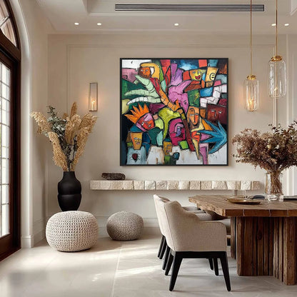 URBAN MOSAIC: Colorful Abstract Figurative Crowd Painting | gold frame stretched on neutral wall
