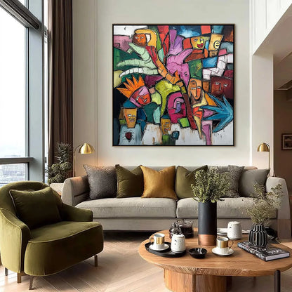 URBAN MOSAIC: Colorful Abstract Figurative Crowd Painting | black frame version on white wall