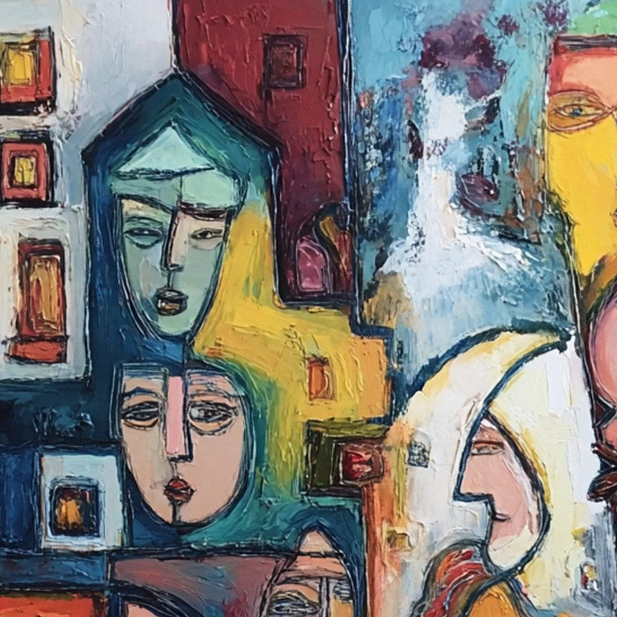 URBAN MOSAIC: Colorful Abstract Figurative Impasto Painting | rectangular format, hand-painted canvas edge