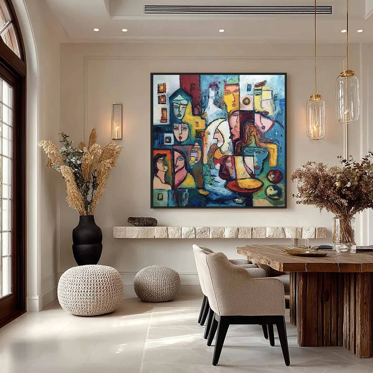 URBAN MOSAIC: Colorful Abstract Figurative Impasto Painting | gold frame stretched on neutral wall