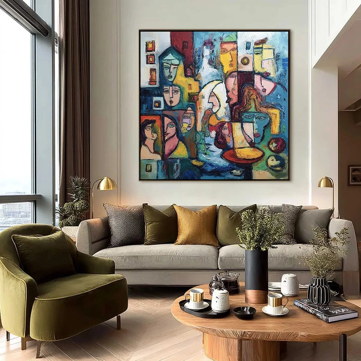 URBAN MOSAIC: Colorful Abstract Figurative Impasto Painting | black frame version on white wall