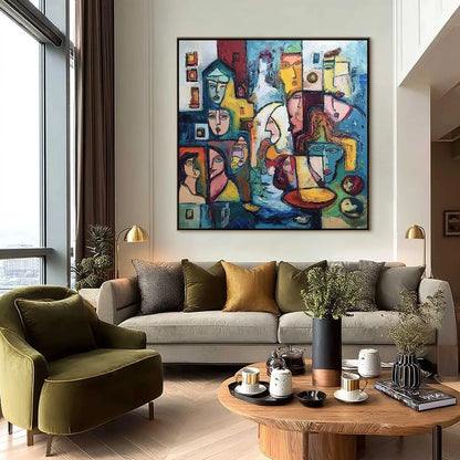URBAN MOSAIC: Colorful Abstract Figurative Impasto Painting | black frame version on white wall