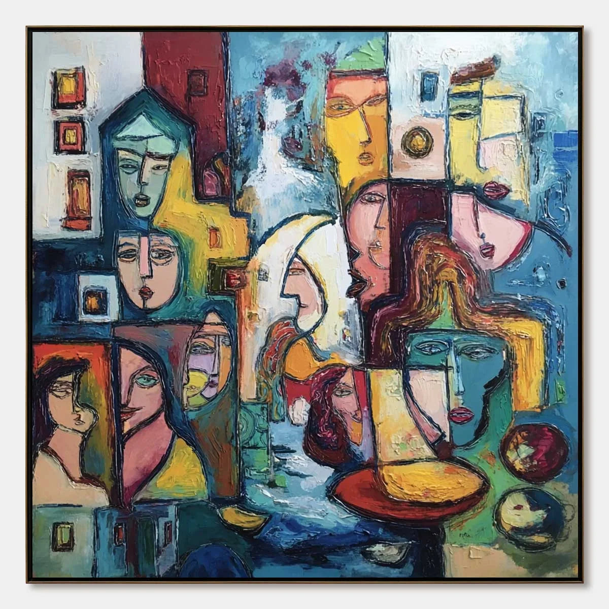 URBAN MOSAIC: Colorful Abstract Figurative Impasto Painting | hanging in living room, Figurative wall art