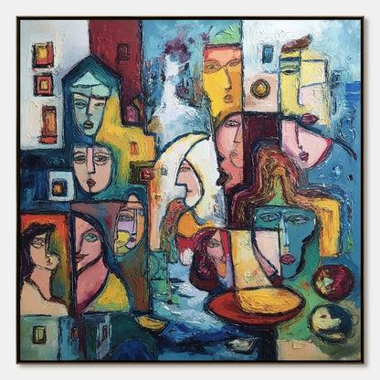 URBAN MOSAIC: Colorful Abstract Figurative Impasto Painting | hanging in living room, Figurative wall art