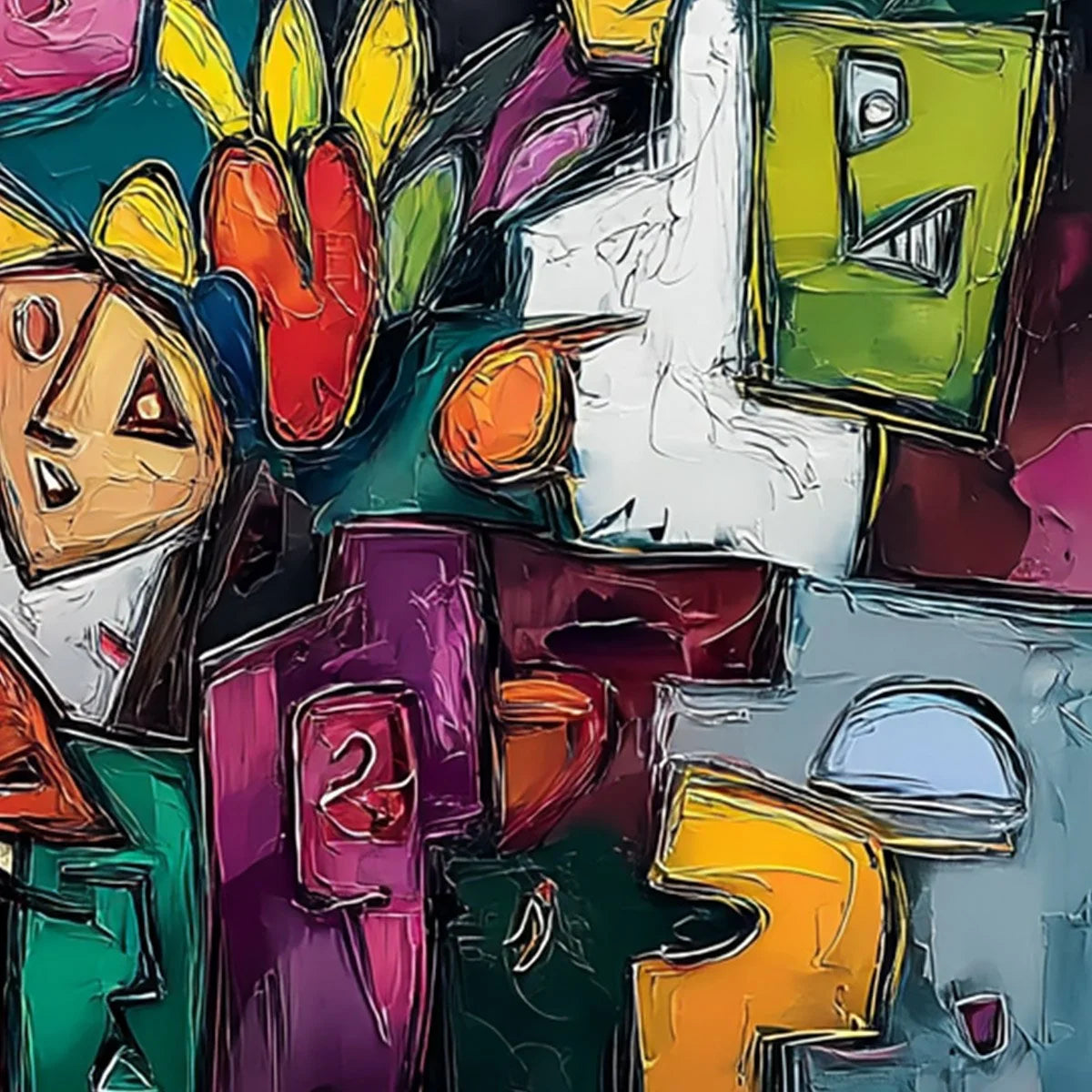 URBAN MOSAIC: Colorful Abstract People Painting with Heavy Texture | rectangular format, hand-painted canvas edge