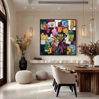 URBAN MOSAIC: Colorful Abstract People Painting with Heavy Texture | gold frame stretched on neutral wall