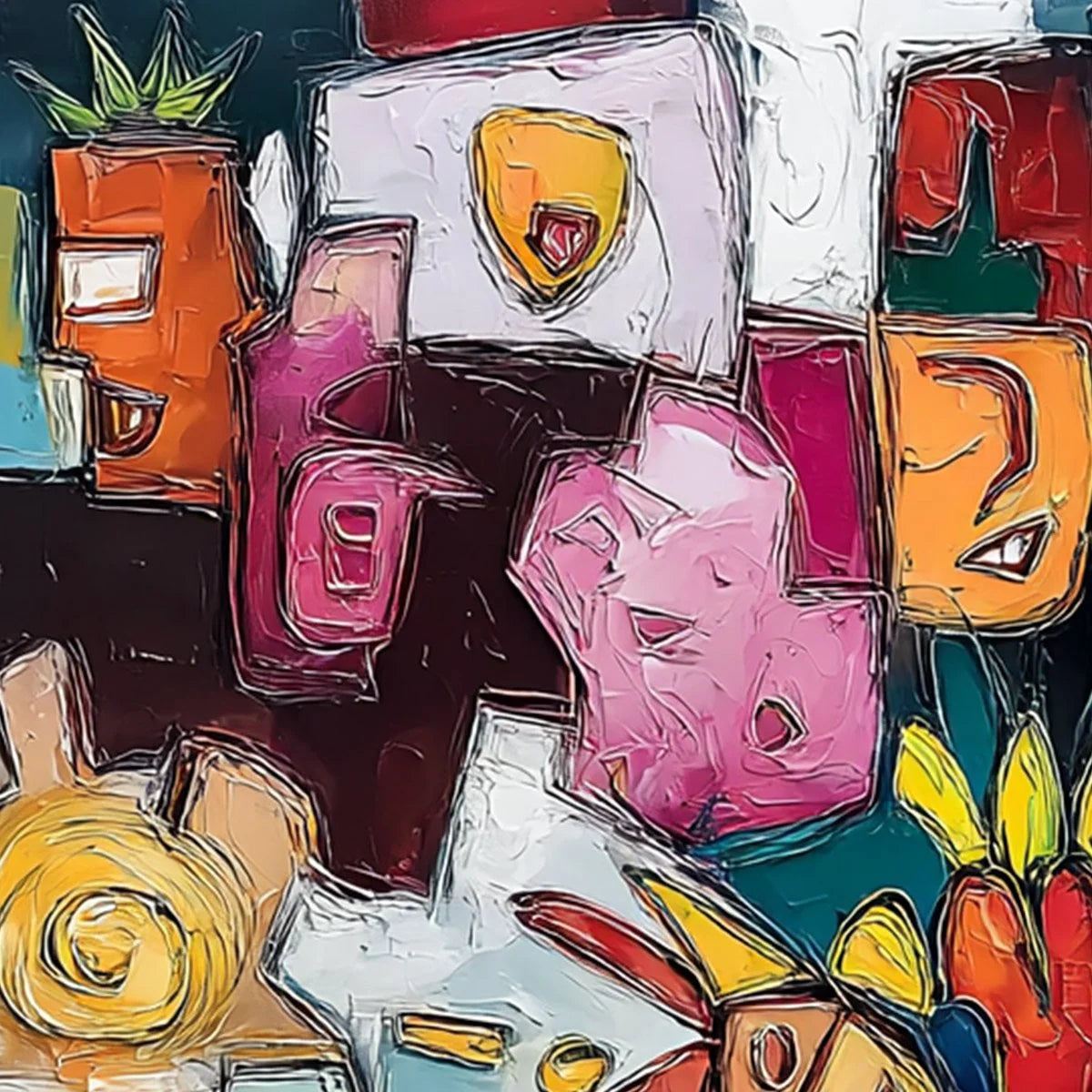 URBAN MOSAIC: Colorful Abstract People Painting with Heavy Texture | rolled canvas, ready for custom framing