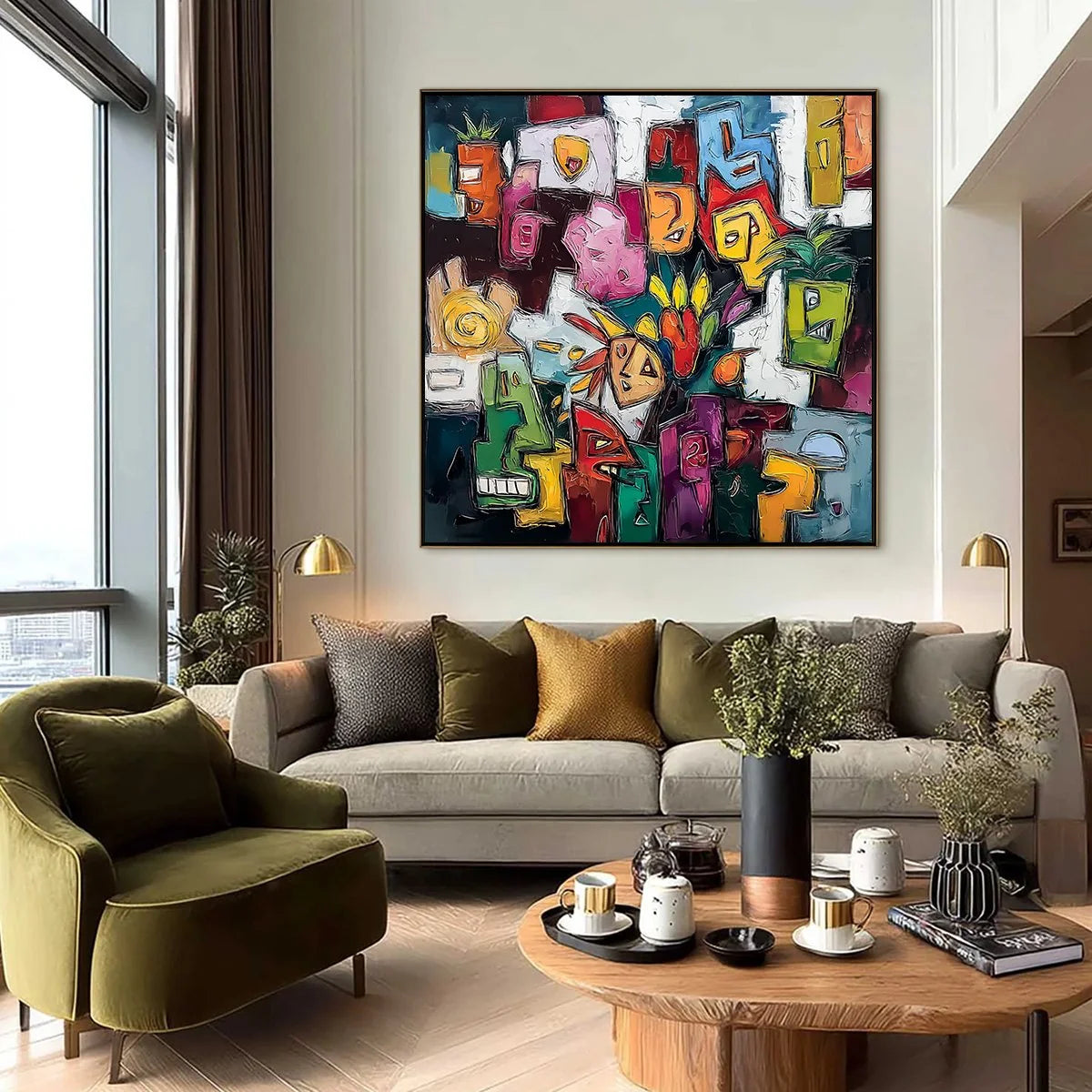 URBAN MOSAIC: Colorful Abstract People Painting with Heavy Texture | black frame version on white wall