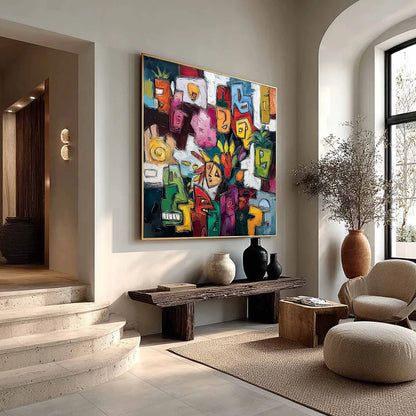 URBAN MOSAIC: Colorful Abstract People Painting with Heavy Texture | multi-color palette, original oil on stretched canvas art