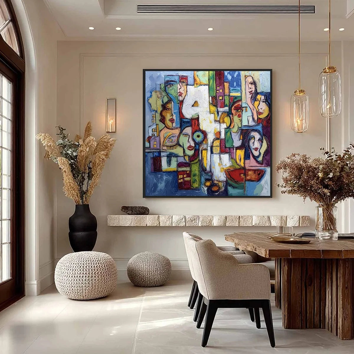 URBAN MOSAIC: Large Square Abstract Figurative Wall Art | gold frame stretched on neutral wall