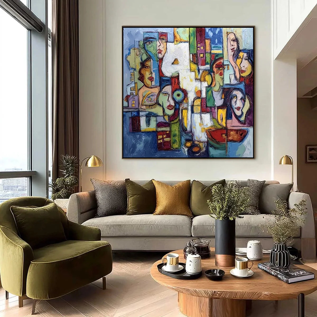 URBAN MOSAIC: Large Square Abstract Figurative Wall Art | black frame version on white wall