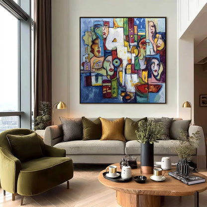 URBAN MOSAIC: Large Square Abstract Figurative Wall Art | black frame version on white wall