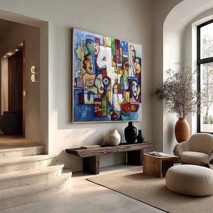 URBAN MOSAIC: Large Square Abstract Figurative Wall Art | multi-color palette, original oil on stretched canvas art