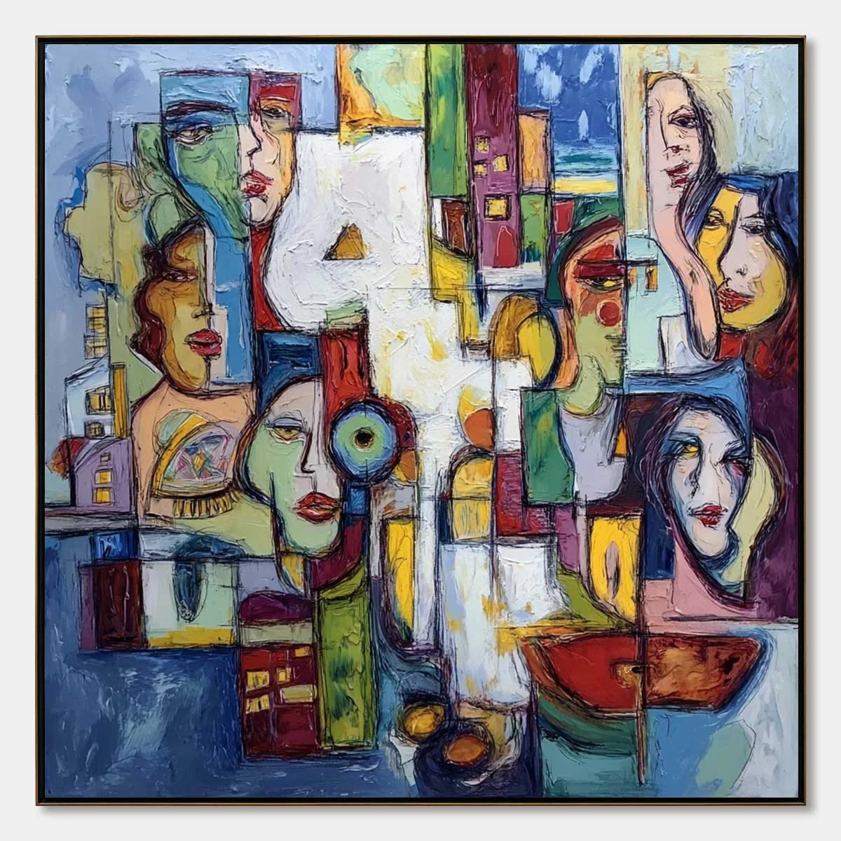 URBAN MOSAIC: Large Square Abstract Figurative Wall Art | hanging in living room, Figurative wall art