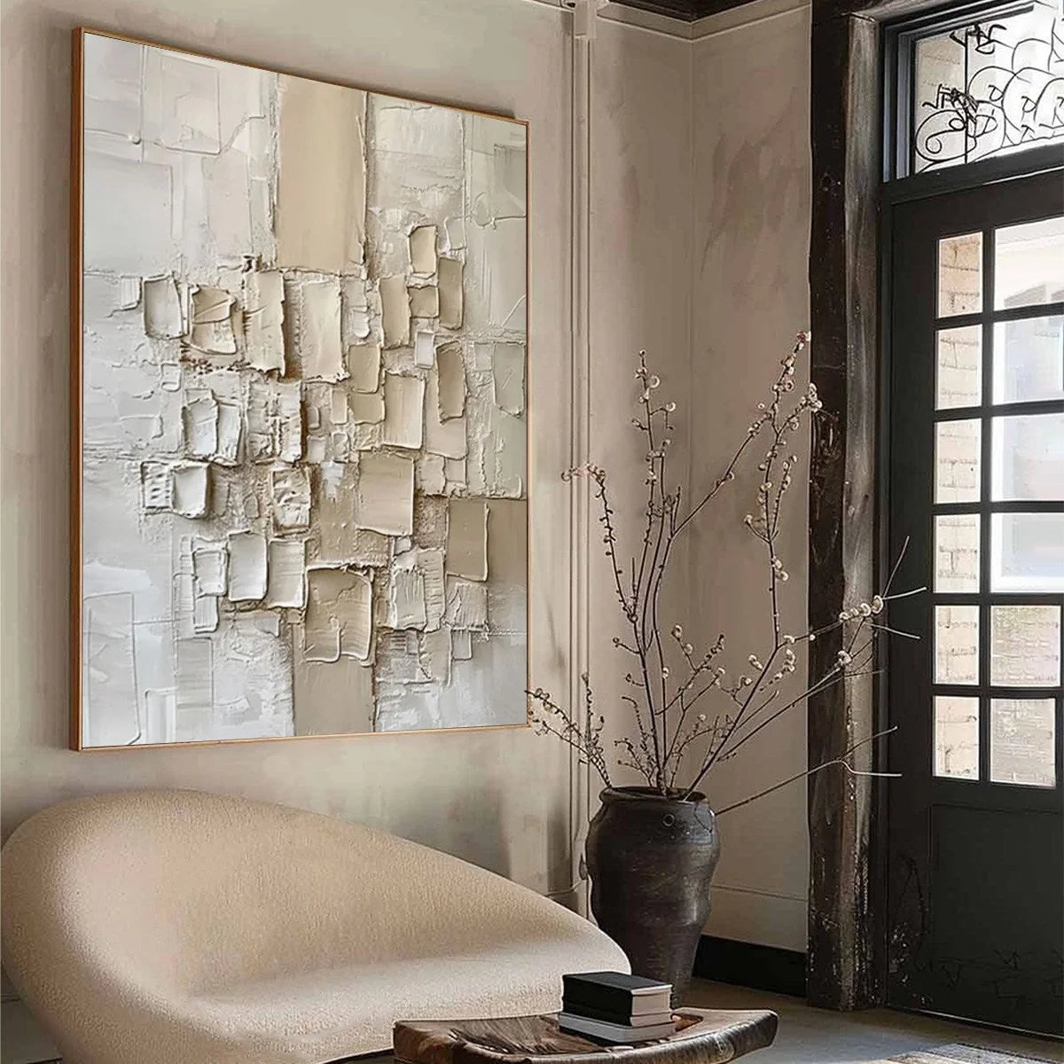 URBAN MOSAIC: Textured Minimalist Abstract Painting | black frame version on white wall