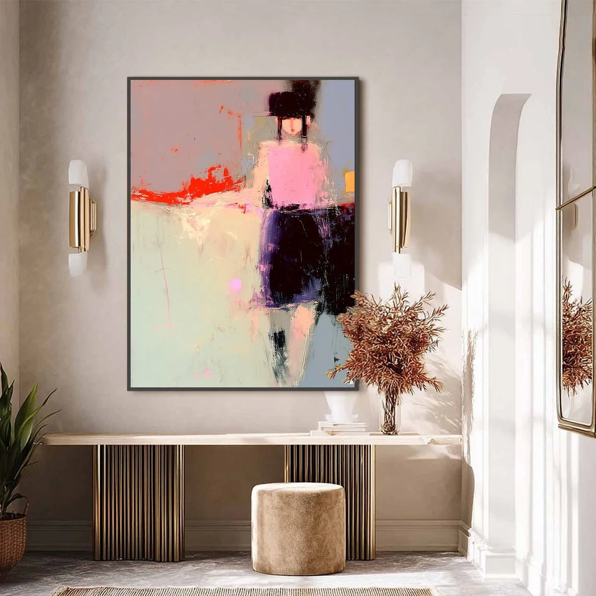 URBAN MUSE: Abstract Figurative Portrait Oil Painting | black frame version on white wall