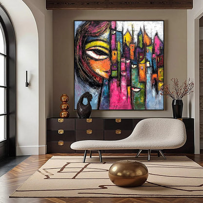 URBAN MUSE: Large Colorful Abstract Portrait and Cityscape Painting | Abstract closeup, raised brushwork detail