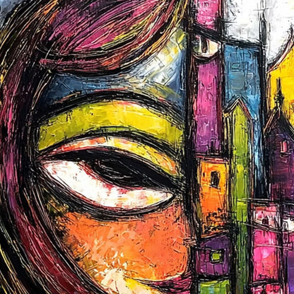 URBAN MUSE: Large Colorful Abstract Portrait and Cityscape Painting | rectangular format, hand-painted canvas edge