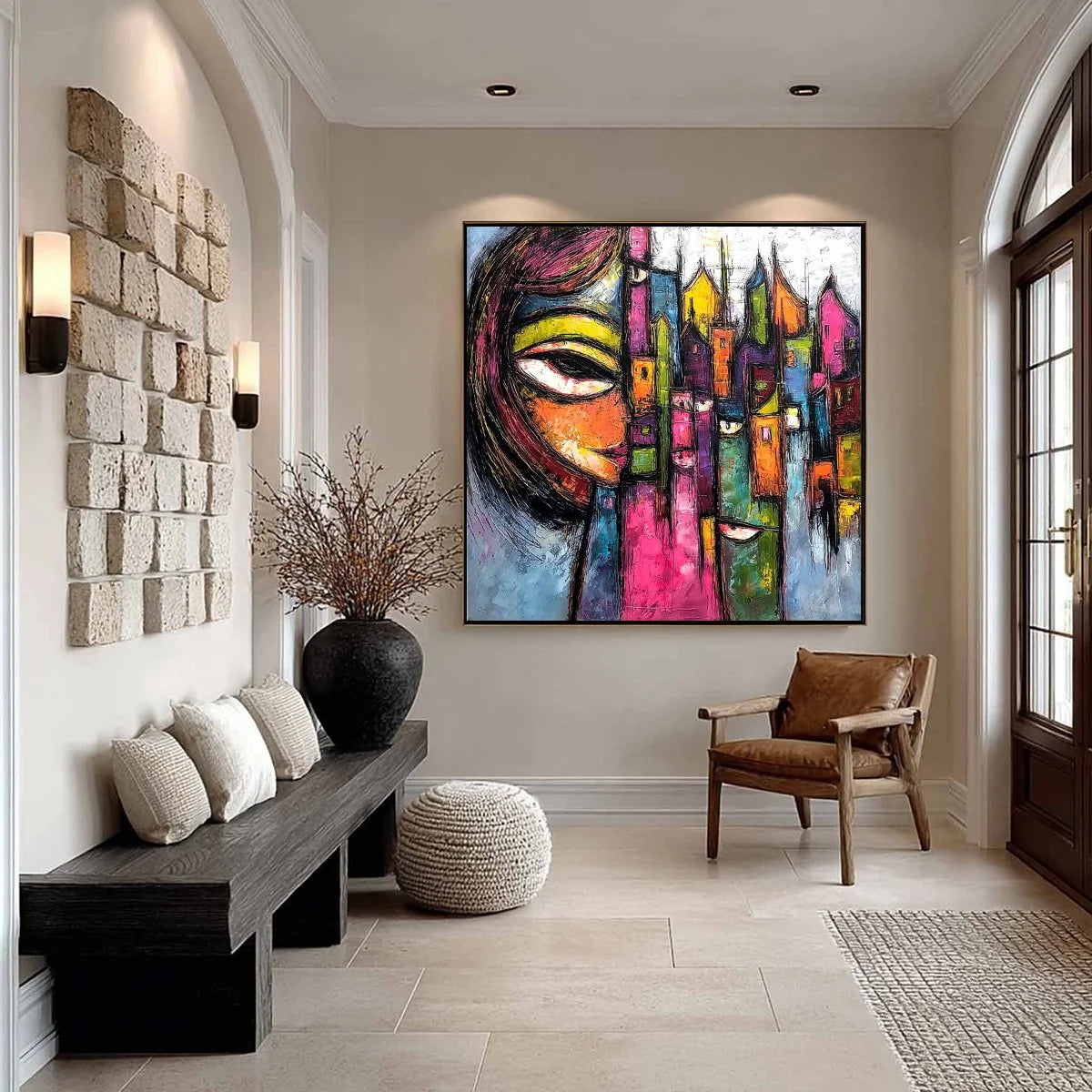 URBAN MUSE: Large Colorful Abstract Portrait and Cityscape Painting | gold frame stretched on neutral wall