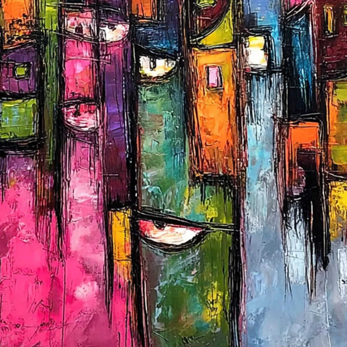 URBAN MUSE: Large Colorful Abstract Portrait and Cityscape Painting | rolled canvas, ready for custom framing