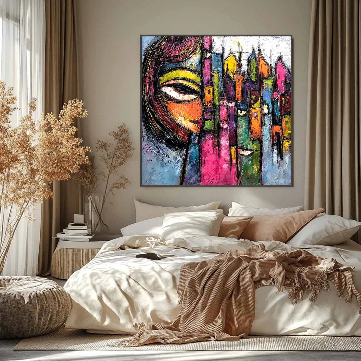 URBAN MUSE: Large Colorful Abstract Portrait and Cityscape Painting | black frame version on white wall