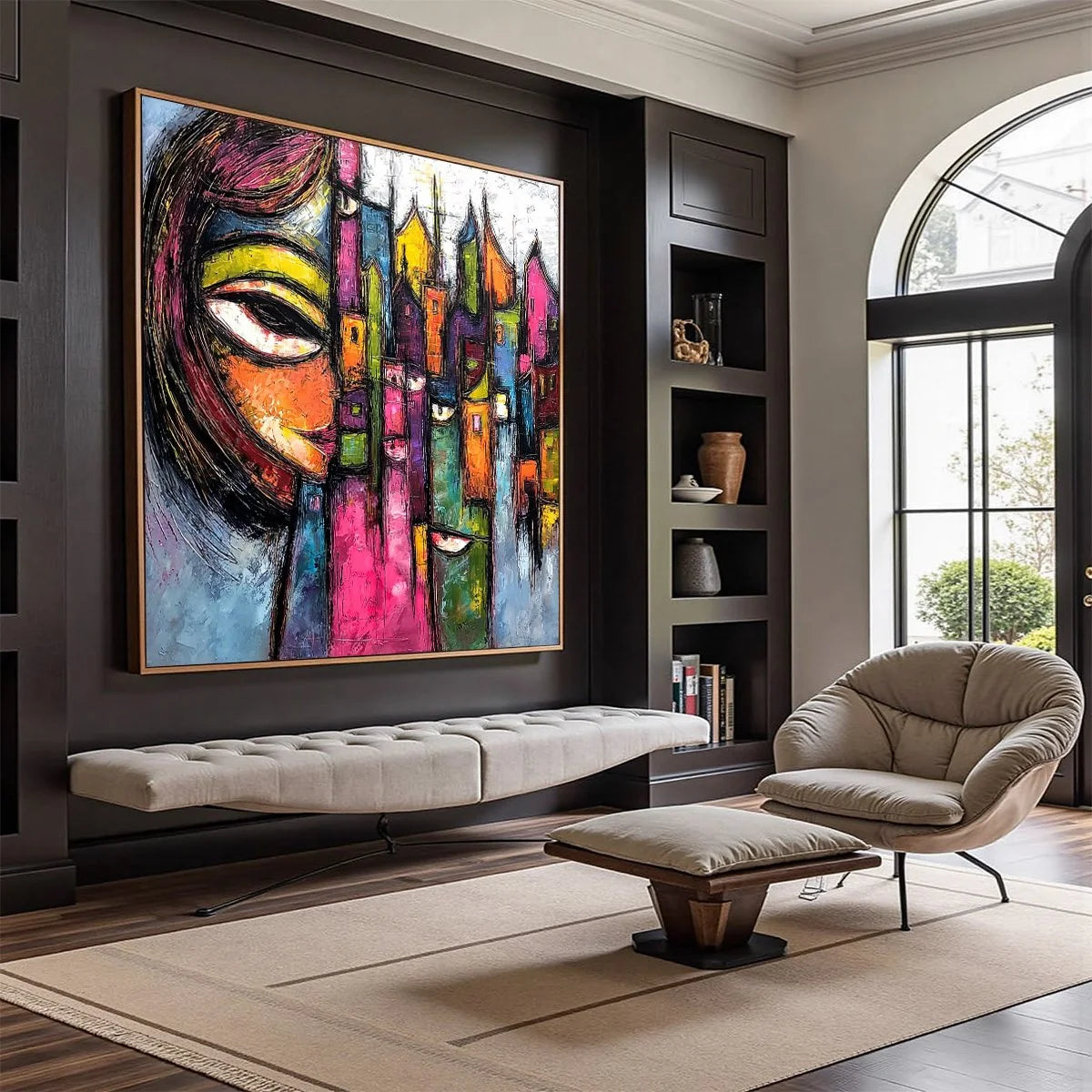 URBAN MUSE: Large Colorful Abstract Portrait and Cityscape Painting | Abstract mood, soft natural light studio shot