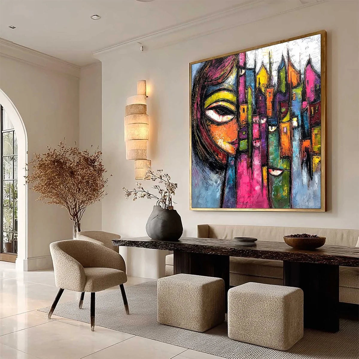 URBAN MUSE: Large Colorful Abstract Portrait and Cityscape Painting | multi-color palette, original oil on stretched canvas art