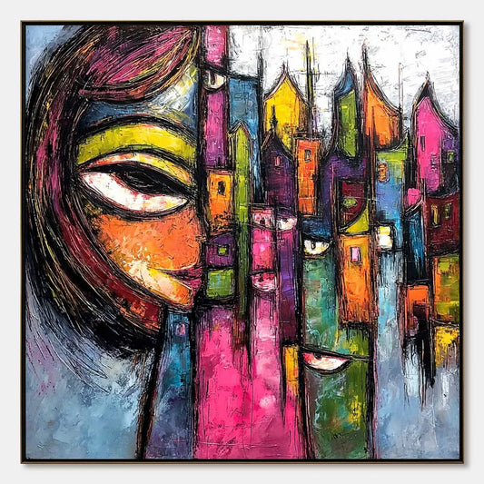 URBAN MUSE: Large Colorful Abstract Portrait and Cityscape Painting | hanging in living room, Abstract wall art