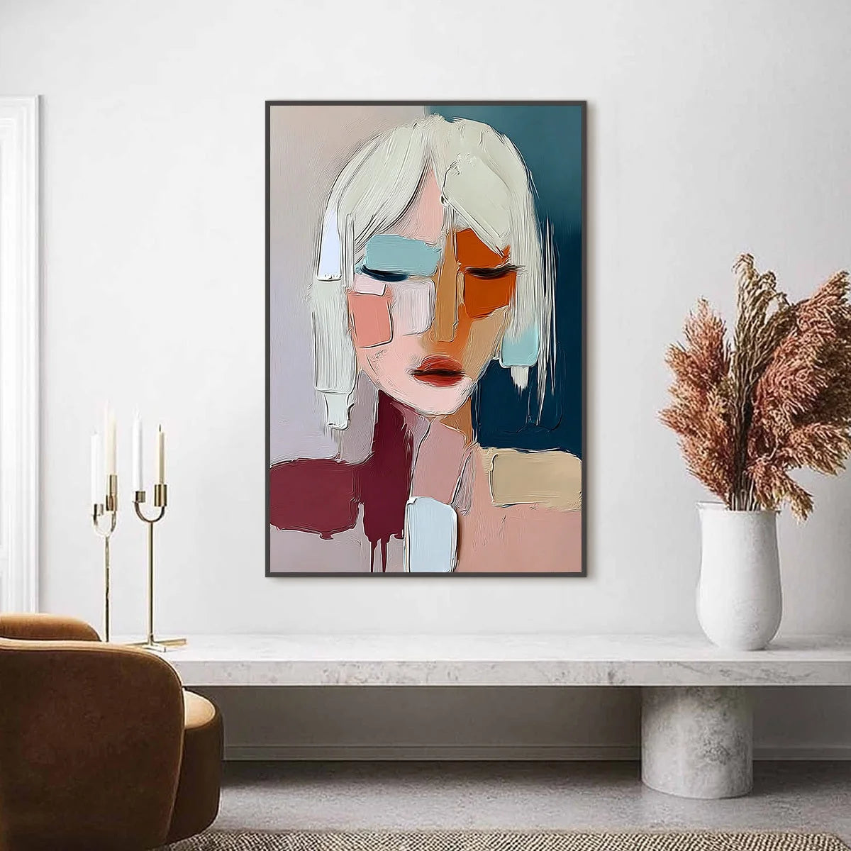 URBAN MUSE: Modern Abstract Figurative Portrait Painting | gold frame stretched on neutral wall