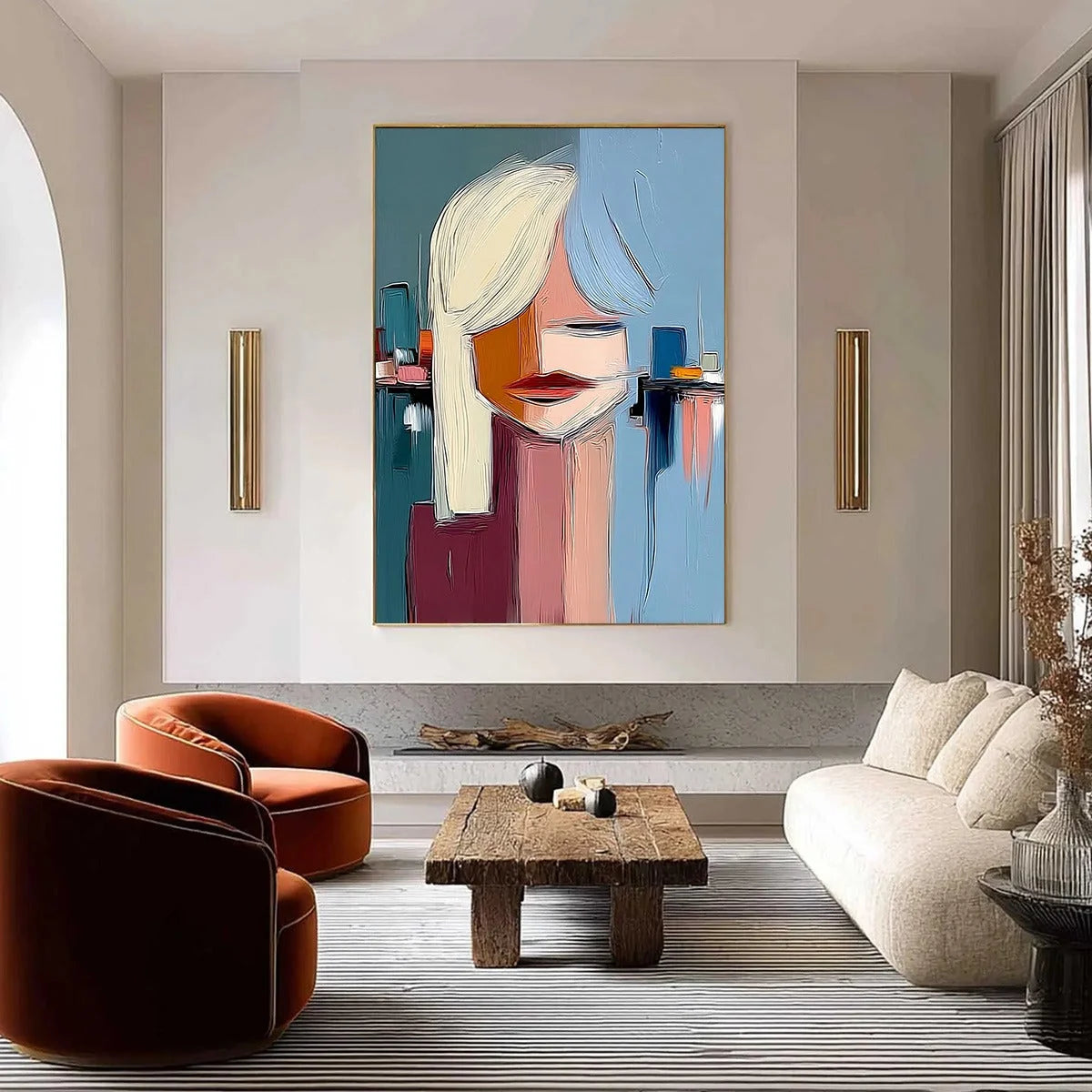 URBAN MUSE: Modern Abstract Portrait Wall Art | gold frame stretched on neutral wall
